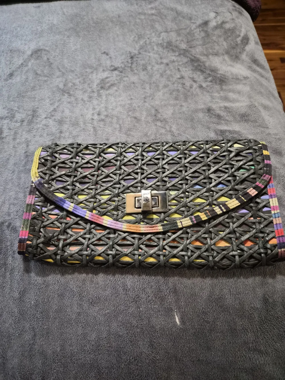 Vintage Ted Baker Woven Black Multicolor Clutch with Turn-Lock Closure